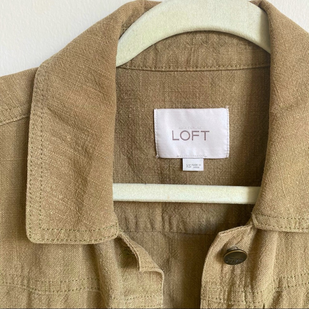 LOFT tan/green/khaki cropped linen-like jacket